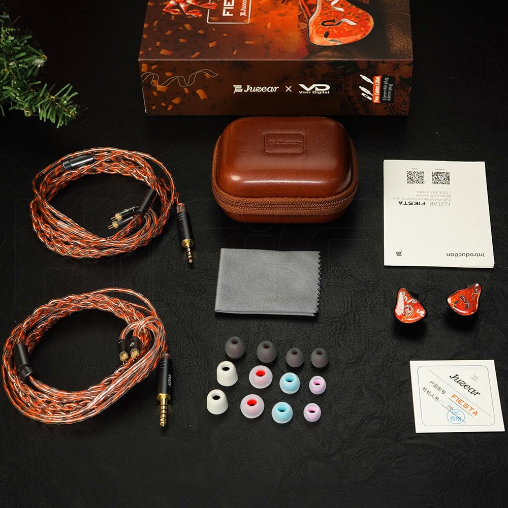 Everything in the box: two cables, leather case, ear tips, cloth, documentation. Photo: Juzear Audio.