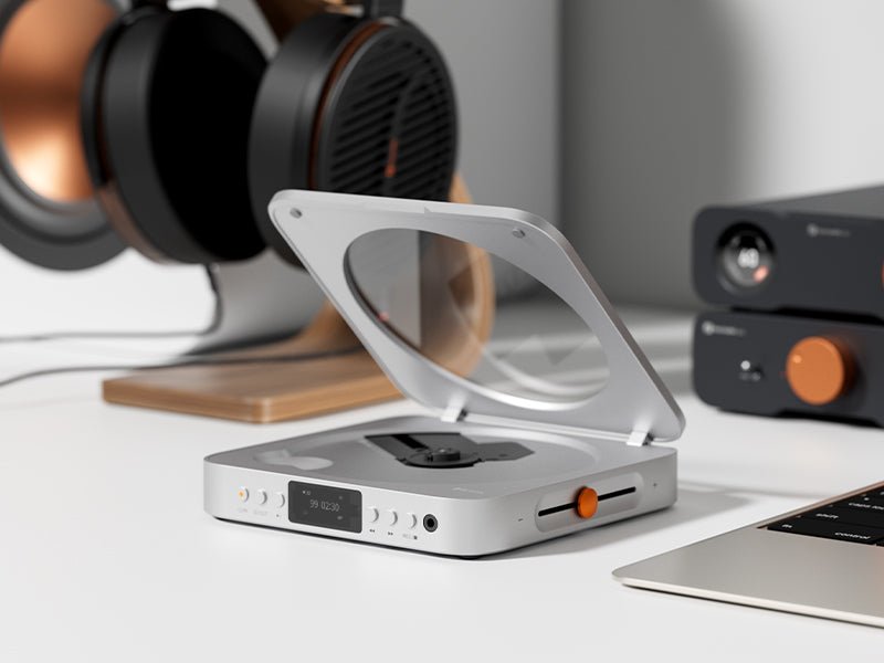 The Merak on a desktop beside a headphone stand and amplifier. Photo: Fosi Audio.