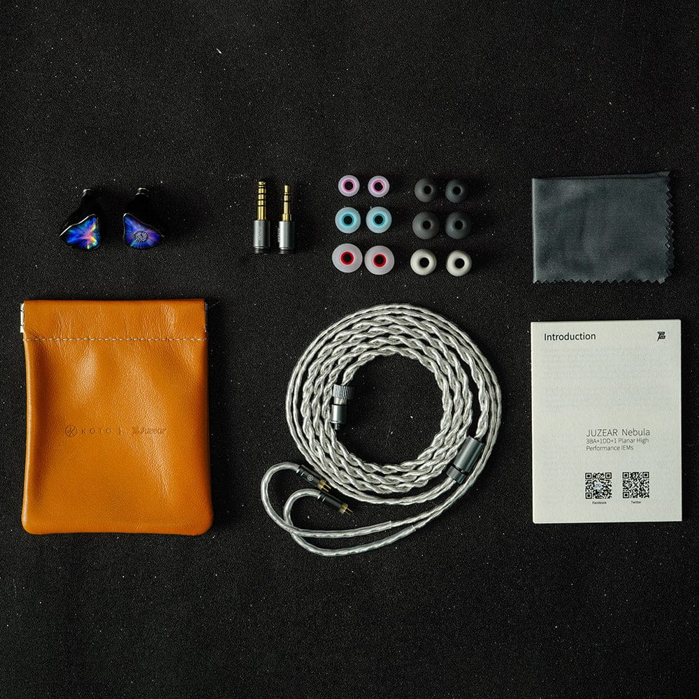 Everything in the box: cable, leather pouch, ear tips, plugs, cloth, manual. Photo: Juzear Audio.