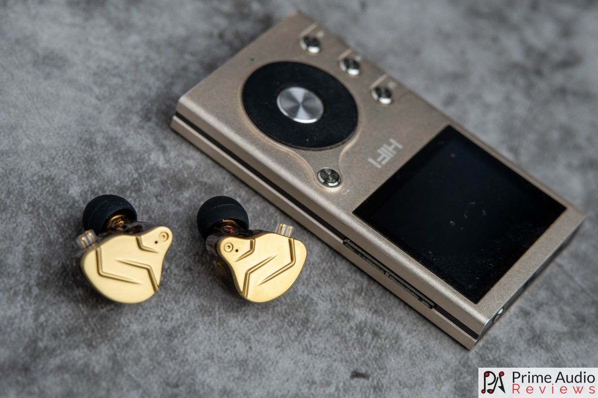 The ZSN Pro X beside a gold-coloured DAP, as used for the review. Photo: Prime Audio Reviews.