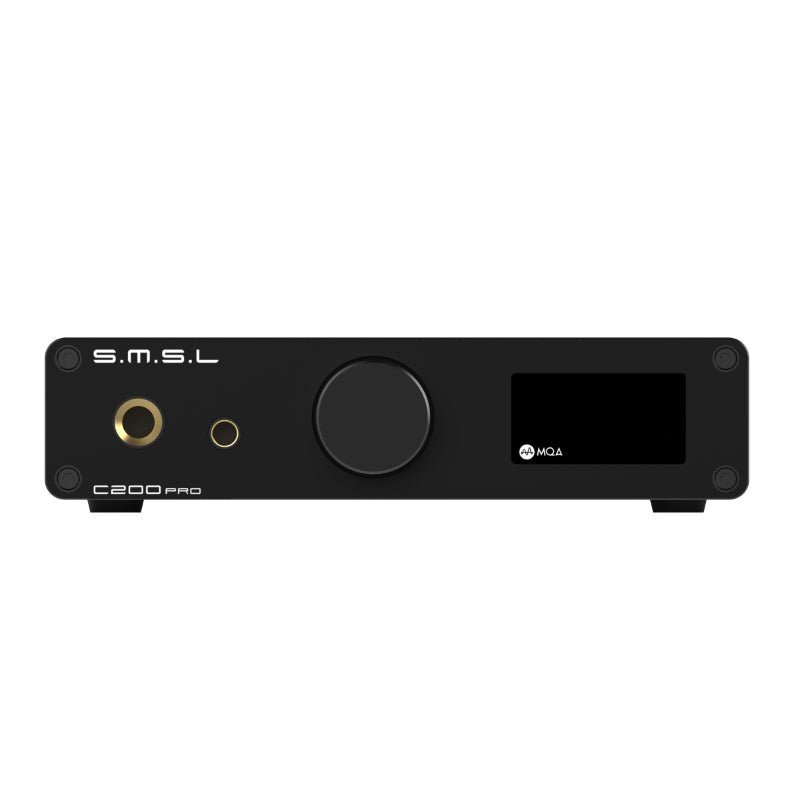 Front panel: two headphone outputs, volume knob and display. Photo: SMSL, via Linsoul.